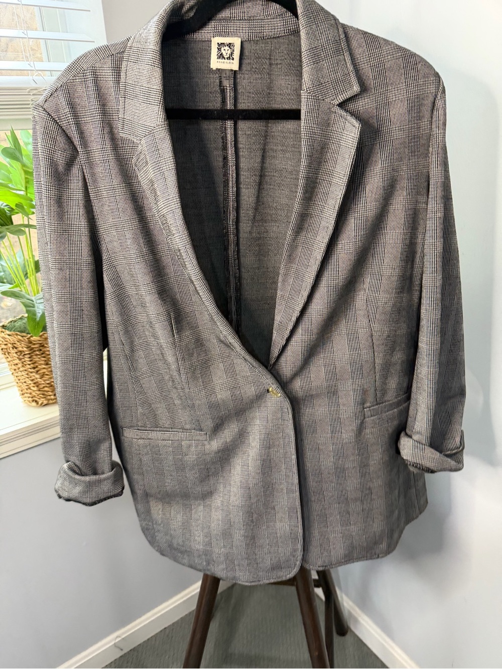 Anne Klein Gray Plaid Single-Button Blazer